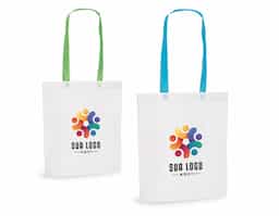 Sacola em non-woven (80 g/m²) termo-selado com alças de 55 cm. 330 x 390 x 80 mm