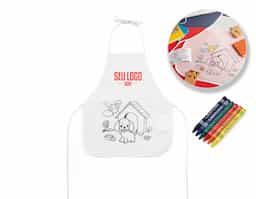 Avental de criança para colorir em non-woven (80 g/m²) com desenho impresso e bolso lateral. 6 gizes de cera inclusos. 380 x 430 mm