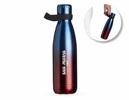 Garrafa térmica em Inox com parede dupla. Capacidade para 510ml. Acompanha tampa com vedação a prova de vazamento e alça de silicone para transporte.