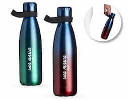 Garrafa térmica em Inox com parede dupla. Capacidade para 510ml. Acompanha tampa com vedação a prova de vazamento e alça de silicone para transporte.