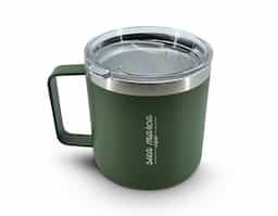 Caneca térmica de inox 450ml com parede dupla e tampa com acesso ao bocal.