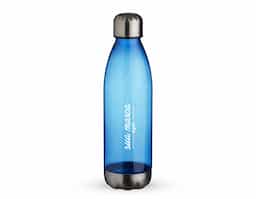 Squeeze plástico 700ml formato garrafa. Corpo transparente colorido, possui tampa e base em alumínio.