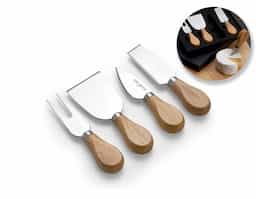Kit queijo 4 peças em estojo de papelão com berço de espuma, contém: faca com ponta, faca reta, garfo e espátula