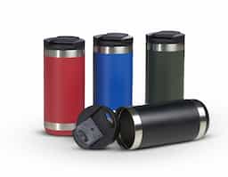 Copo térmico de inox, feito de parede dupla com capacidade para 350ml. Contém tampa plástica com bocal e trava de segurança.
