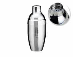 Coqueteleira de inox com capacidade para 600ml, contém tampa de pressão com peneira e tampa protetora.