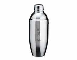 Coqueteleira de inox com capacidade para 750ml, contém tampa de pressão com peneira e tampa protetora.
