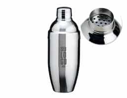 Coqueteleira de inox com capacidade para 750ml, contém tampa de pressão com peneira e tampa protetora.