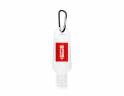 Frasco PETG de 50 ml com tampa flip top e mosquetão. Indicado para colocar álcool gel