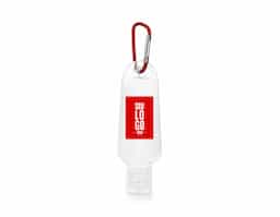 Frasco PETG de 50 ml com tampa flip top e mosquetão. Indicado para colocar álcool gel