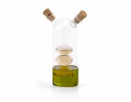 Galheteiro em vidro que contém dois reservatórios com capacidades de até 50 ml e de até 250 ml. O galheteiro contém duas rolhas de cortiça.