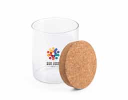 Frasco em vidro borossilicato com tampa de cortiça. Capacidade até 700ml. Fornecido em caixa presente de papel kraft reciclado. Certificação EU Food Grade