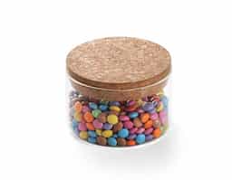 Frasco em vidro borosilicato e tampa de cortiça. Capacidade até 380ml. Food grade. 