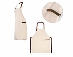 Avental em 100% algodão canvas (320 g/m²) com detalhes em metal. Com 3 bolsos multifuncionais e uma tira lateral (para suporte de um pano de cozinha). Tira do pescoço facilmente ajustável