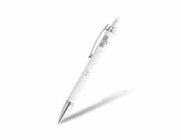 Caneta metálica touchscreen com acabamento similar à borracha e parte inferior texturizada, acionamento por clique e carga esferográfica azul 1.0mm.
