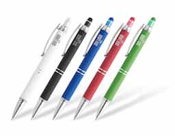 Caneta metálica touchscreen com acabamento similar à borracha e parte inferior texturizada, acionamento por clique e carga esferográfica azul 1.0mm.