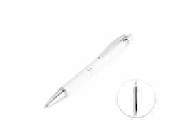 Caneta metálica touchscreen com acabamento similar à borracha e parte inferior texturizada, acionamento por clique e carga esferográfica azul 1.0mm.