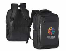 Mochila de nylon 20 litros com três compartimentos, sendo o principal com bolso para notebook 15,6. Com bolsos laterais e faixa frontal refletiva, a mochila possui adaptador USB externo, alça para encaixe em malas de viagem, duas alças de mãos e alças para as costas com revestimento espumado. 