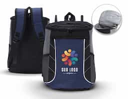 Bolsa térmica de poliéster com dois compartimentos, capacidade de 19 litros. A bolsa possui revestimento térmico em PEVA atóxico com costura soldada antivazamento, bolsos laterais telados, alça de mão e alça para as costas com revestimento espumado.