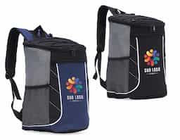 Bolsa térmica de poliéster com dois compartimentos, capacidade de 19 litros. A bolsa possui revestimento térmico em PEVA atóxico com costura soldada antivazamento, bolsos laterais telados, alça de mão e alça para as costas com revestimento espumado.