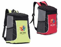 Bolsa térmica de poliéster com dois compartimentos, capacidade de 19 litros. A bolsa possui revestimento térmico em PEVA atóxico com costura soldada antivazamento, bolsos laterais telados, alça de mão e alça para as costas com revestimento espumado.