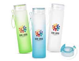  Garrafa de vidro jateado bicolor, capacidade de 470ml. Contém alça de silicone.