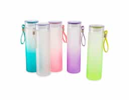  Garrafa de vidro jateado bicolor, capacidade de 470ml. Contém alça de silicone.