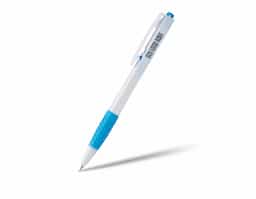 Caneta plástica com detalhe emborrachado e acionamento por clique, carga esferográfica azul 0.8mm.