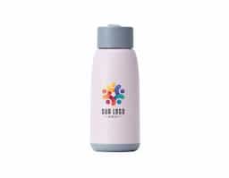 Garrafa de vidro 350ml com revestimento plástico, tampa plástica com alça de silicone.