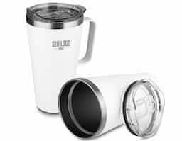 Caneca térmica em aço inox com parede dupla isolada à vácuo, tampa plástica e anel em silicone para vedação, alça lateral. Capacidade 530ml. 