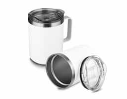 Caneca térmica em aço inox com parede dupla isolada à vácuo, tampa plástica e anel em silicone para vedação, alça lateral. Capacidade 350ml. 
