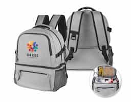 Mochila confeccionada em poliéster 300D com interior em PEVA, projetada para unir organização e praticidade no dia a dia. Possui dois bolsos laterais, bolso frontal, alça de mão e alças de ombro acolchoadas para maior conforto. Conta com compartimento superior acolchoado para notebooks de até 13", com volume total de até 23L. Na parte inferior, dispõe de compartimento térmico soldado com capacidade de 8,5L, ideal para transportar alimentos e bebidas com segurança.