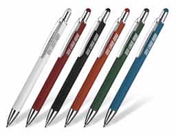 Caneta esferográfica em alumínio reciclavel com escrita em azul. Refil tipo parker e ponta touch emborrachada.