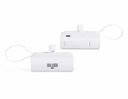 Power bank 5.000mAh plástico com indicadores de bateria em LED, contém haste de suporte para celulares com a entrada Lightning e cabo tipo-C acoplado. Acompanha cabo USB Tipo-C.