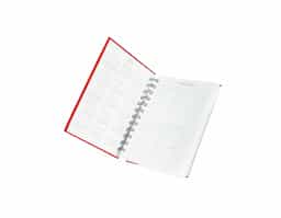 Agenda 2026 com capa emborrachada e encadernação em Wire-O metálico. Conta com páginas dedicadas para dados pessoais, calendários de 2025 a 2027, orçamento pessoal, planejamento mensal, espaço para anotações diárias e lista de contatos e aniversários.