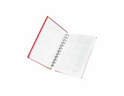 Agenda 2026 com capa emborrachada e encadernação em Wire-O metálico. Conta com páginas dedicadas para dados pessoais, calendários de 2025 a 2027, orçamento pessoal, planejamento mensal, espaço para anotações diárias e lista de contatos e aniversários.