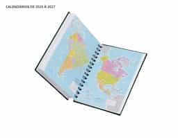 Agenda modelo 2025 com capa dura em cromato e encadernação em Wire-O. Contém páginas dedicadas a dados pessoais, calendários de 2025 até 2027, orçamentos mensais, anotações, planejamentos mensais, lista de contatos e mapas.