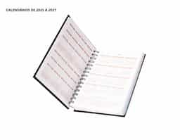 Agenda 2026 com capa emborrachada e Wire-O metálico. Contém páginas para dados pessoais, calendários de 2025 até 2027, orçamentos pessoais, anotações, planejamento mensal, endereços de contato e mapas.