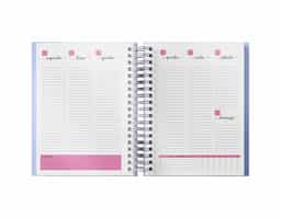 Planner anual em percalux com calendários mensais e semanais. Não possui datas fixas. Além dos calendários o planner contém páginas de identificação, roda da vida, datas importantes, senhas e acessos, contatos, metas anuais, planejamento anual, livros para ler, filmes para ver, minhas séries, controle financeiro, metas financeiras, despesas previstas, contas parceladas, saúde financeira, cuidados com a saúde, meu ano em pixel, e uma parte especial pets para registrar as informações, cuidados, compromissos, cronograma alimentar, vermífugos e vacinas