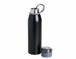 Garrafa 650ml em inox. Tampa plástica rosqueável com proteção para o bocal e alça emborrachada para transporte