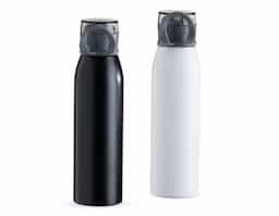 Garrafa 650ml em inox. Tampa plástica rosqueável com proteção para o bocal e alça emborrachada para transporte