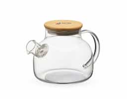 Chaleira de vidro 800ml com tampa de bambu e vedação em silicone. Acompanha filtro de alumínio.