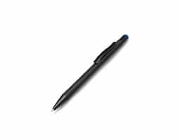 Caneta metálica com touch screen, carga esferográfica azul 1.0mm e acionamento por clique. Ao ser personalizada a laser, o corpo da caneta adotará a mesma cor da borracha touch, com a exceção da cor preta, que permanecerá em prata.
