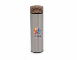 Garrafa térmica 500ml em inox com parede dupla, infusor e tampa rosqueável com detalhe em madeira.