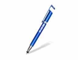 Caneta plástica com suporte para celular e ponteira touch screen. Carga esferográfica azul 1.0mm e acionamento por rotação.