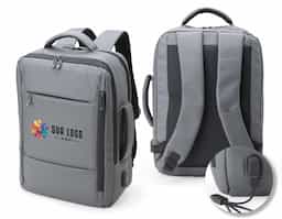Mochila em couro sintético 23 litros resistente à água com quatro compartimentos, sendo o principal com bolso para notebook 15,6 e tablet 10. Com divisórias internas para acessórios, a mochila possui suporte externo usb, alça para encaixe em malas de viagem e duas alças de mãos, sendo uma delas lateral para o transporte da mochila no modo pasta.