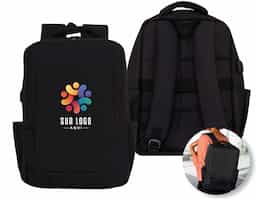 Mochila de nylon de 21 litros, com dois compartimentos, sendo o principal com bolso para notebook de até 15,6". Possui divisórias internas para acessórios, bolsos laterais e suporte externo USB. Conta também com duas alças de mão e alça para engate em malas de viagem, oferecendo praticidade e organização.