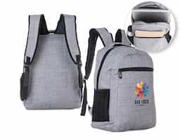 Mochila confeccionada em poliéster com compartimento para notebook até 15,6 polegadas. Contém um compartimento grande, compartimento frontal e bolsos laterais em malha. Alça de mão com revestimento espumado e alças para as costas ajustáveis.