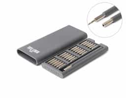Kit ferramentas 25 peças em estojo de plástico ABS com abertura em clique. Acompanha: 5 ponteiras Philips, 1 ponteira Y, 6 ponteira Torx, 6 ponteira Allen, 5 ponteiras Fenda e 1 Fenda U em aço inox e chave para manuseio com encaixe imantado.
