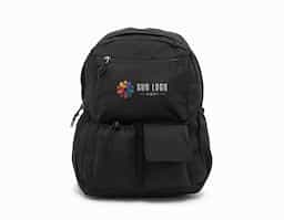 Mochila de poliéster de 25 litros com dois compartimentos, sendo o principal com um bolso raso para notebook de até 15,6 polegadas. A mochila possui um adaptador USB externo e quatro bolsos: dois laterais com elástico, um com velcro e um com cordão ajustável.