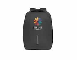 Mochila para notebook em 600D ripstop. Sistema antirroubo: compartimento principal com divisória para notebook até 15.6" e bolso frontal com duplo acesso. Contém alça de transporte para trolley e alças e parte posterior almofadadas. Elemento refletor na parte frontal da mochila. Capacidade até 17 L. 310 x 410 x 155mm